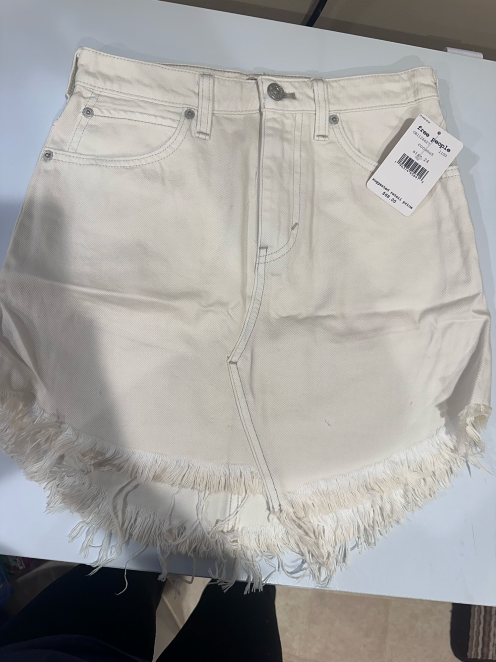 Free People Cream Frayed-Hem Denim Skirt